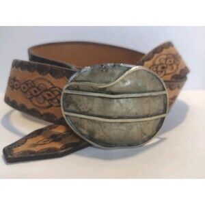 Vintage 70s Mexican Tooled Leather Belt Alpaca Buckle 36-41 Deadstock